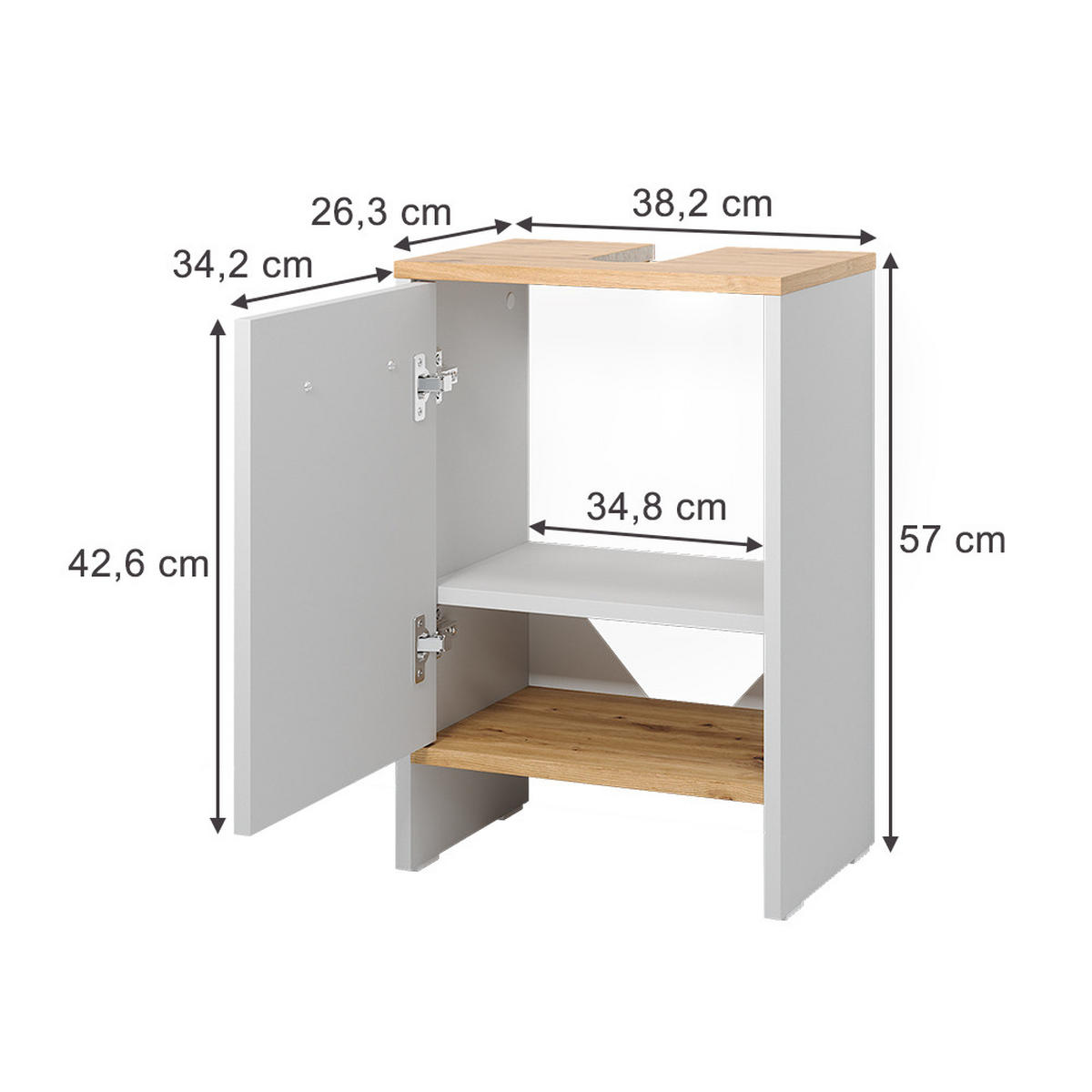 WASCHBECKENUNTERSCHRANK Karli Weiß/Goldkraft Eiche 38.2 x 57 cm mit der Tür - Weiß, Holzwerkstoff (38.2/57/26.3cm) - Vicco