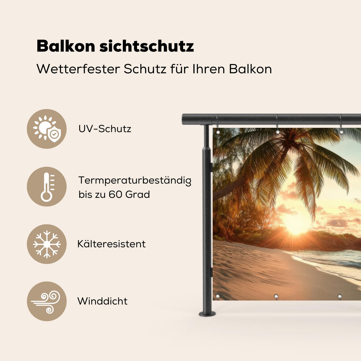 BALKON-SICHTSCHUTZ Strand - Palmen - Meer - Sonnenuntergang 200x110 cm - Samtahornfarben, Kunststoff (200/110cm) - MuchoWow