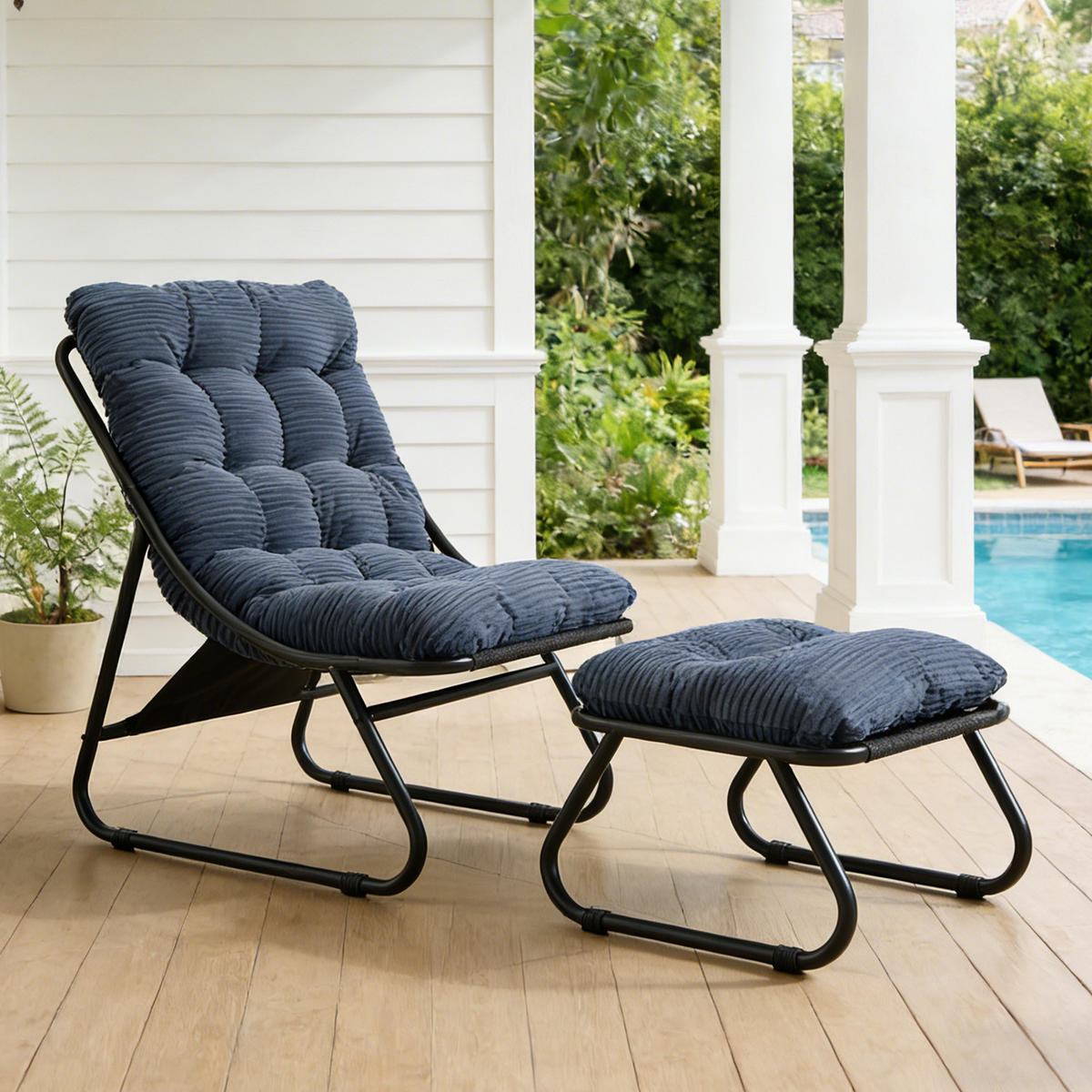 SESSELSET, Relaxsessel mit Hocker,Stahlrahmen,Cord,Blau - Blau, Metall (78/86/65cm) - LVHOM