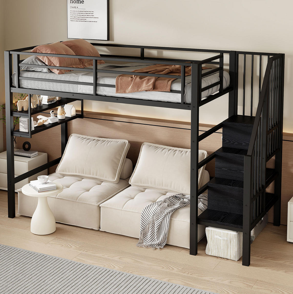 VYSOKÁ postel 90/200 cm černá s úložným žebříkem a policemi z kovu a MDF - černá, kov (90/200cm) - OKWISH
