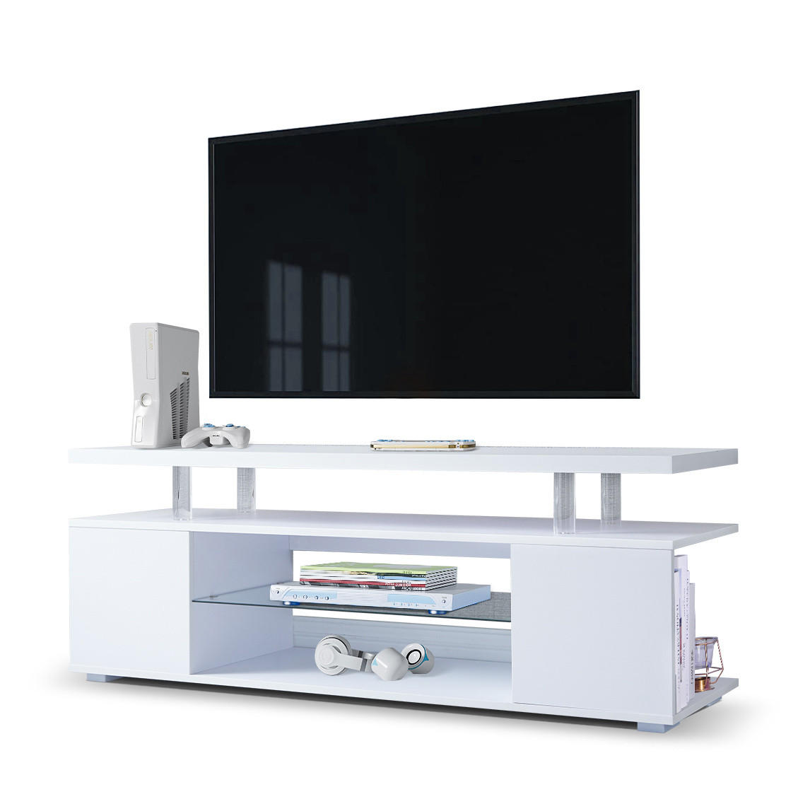 TV-LOWBOARD aus Holzwerkstoff 130x40x48 cm Weiß mit LED-Beleuchtung und viel Stauraum - Weiß, Holzwerkstoff (130/48/40cm) - Modfu