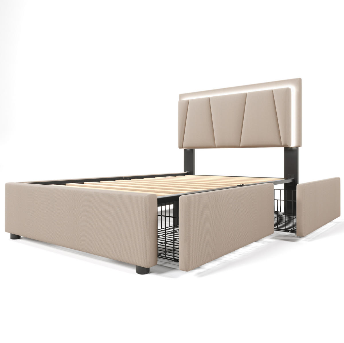 POLSTERBETT 90/200 cm Beige aus Holz mit LED und 2 Schubladen mit Matratze - Beige, Holzwerkstoff (90/200cm) - OKWISH