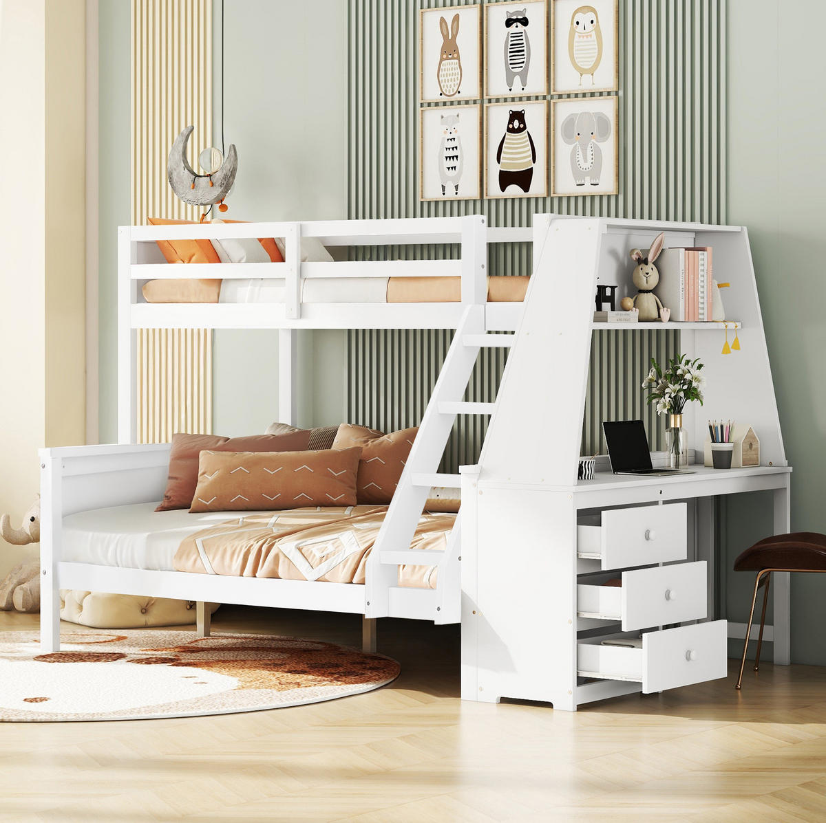 ETAGENBETT 90/200 + 140/200 cm Weiß mit Schreibtisch, Regal und Stauraum - Weiß, Holz (90/200cm) - Flora Grace