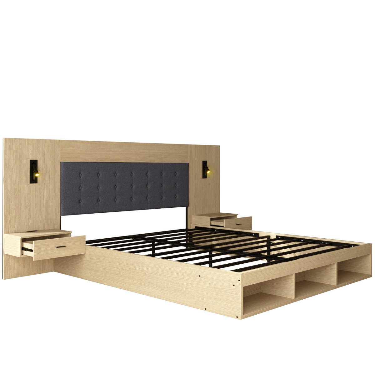 MANŽELSKÁ posteľ 180/200 cm svetlý dub s úložným priestorom a USB/USB-C z MDF - farba duba, kompozitné drevo (180/200cm) - OKWISH