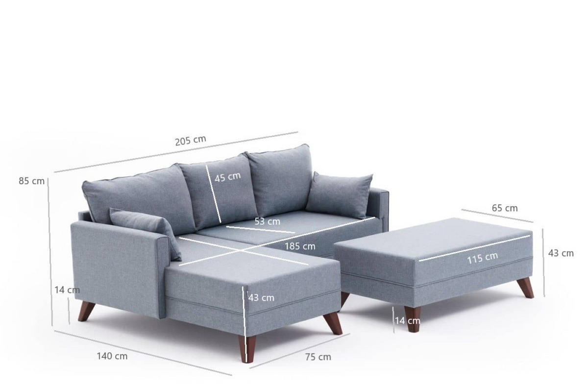 ECKSOFA mit Hocker als Schlaffläche, perfekt für kleine Räume - Blau/Walnussfarben, Holz/Kunststoff (140/205cm) - myHomelando
