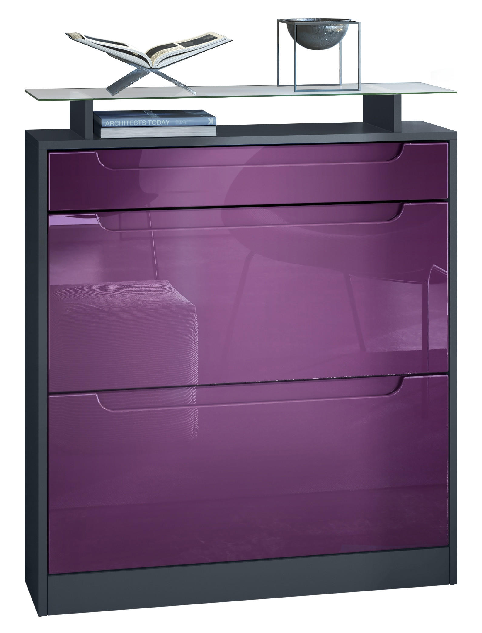 SCHUHSCHRANK Fiesta Fronten in Brombeer Hochglanz, Griffmulden in Brombeer Hochglanz - Brombeere, Holzwerkstoff (89/104/23cm) - Vladon