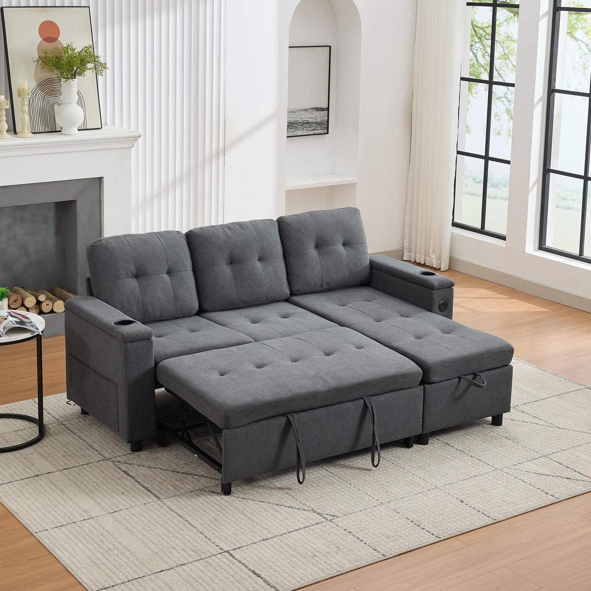 ECKSOFA L-Form Schlafsofa Stauraum LED 3-Sitzer Grau 208cm - Grau, Textil (208/146cm) - FLIEKS