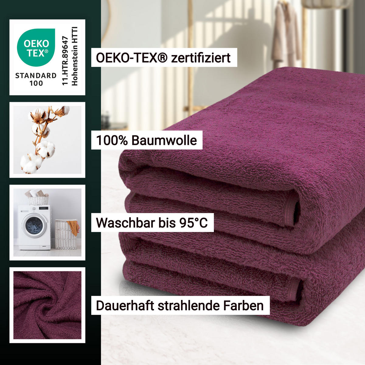 SAUNATUCH, 2er-Set, 70x200 cm, 100% Baumwolle, Rot - Brombeere, Textil (70/200cm) - Zollner
