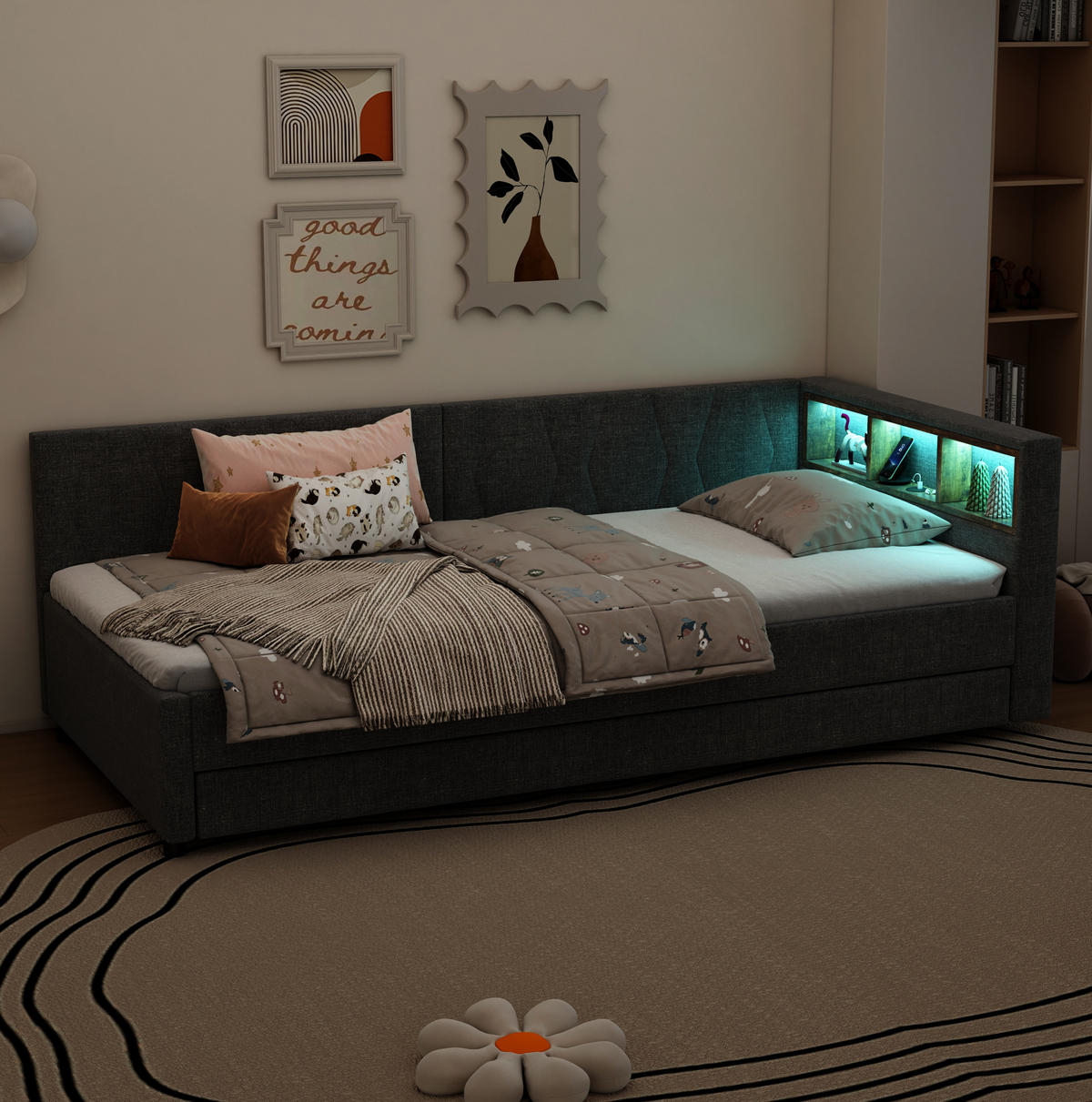 DAYBETT 90/200 cm Grau mit Ablagefach und LED-Beleuchtung aus Leinen - Grau, Textil (90/200cm) - OKWISH