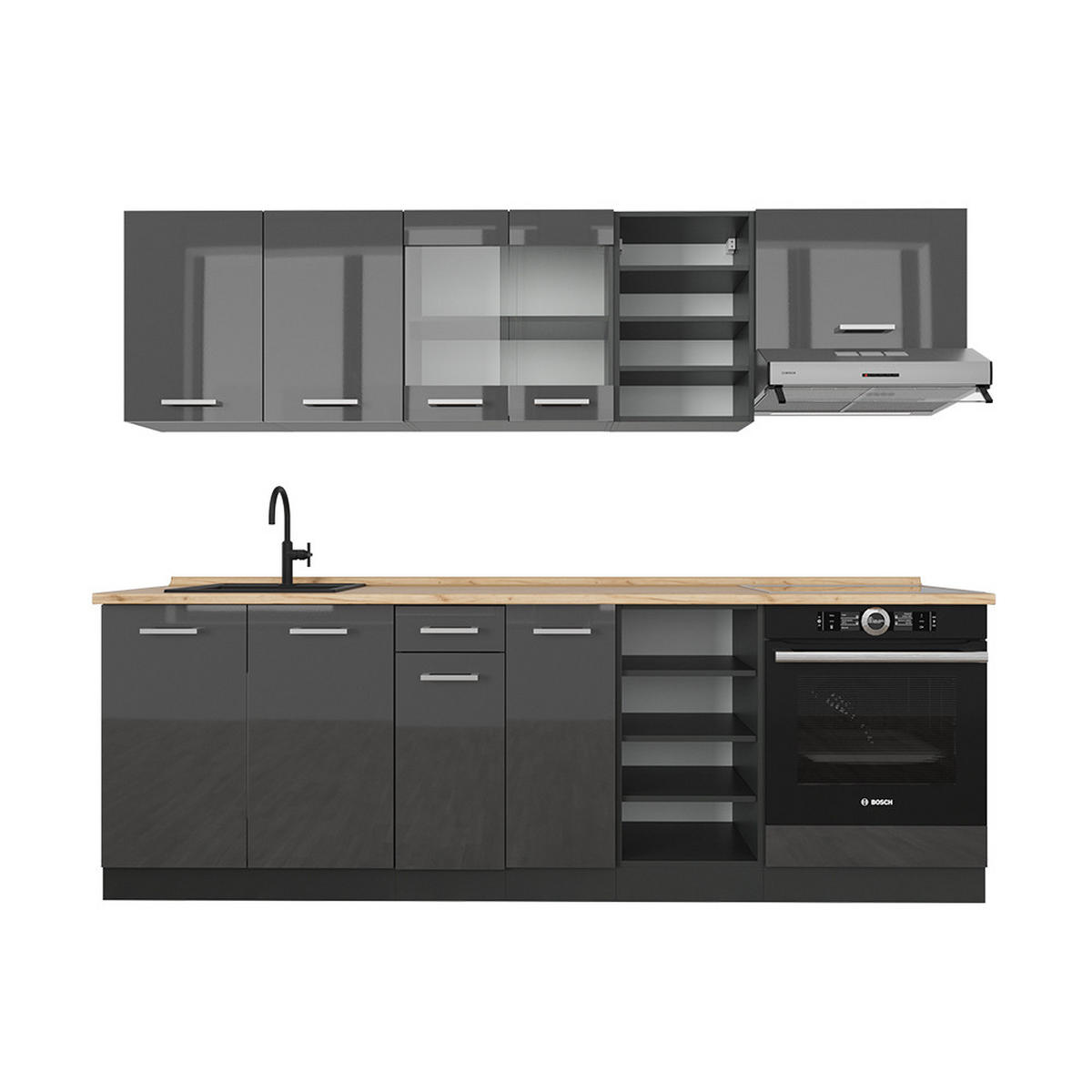 KÜCHENZEILE R-Line Anthrazit Hochglanz/Anthrazit 240 cm ohne Arbeitsplatte - Anthrazit, Holzwerkstoff (240/81.6/46cm) - Vicco