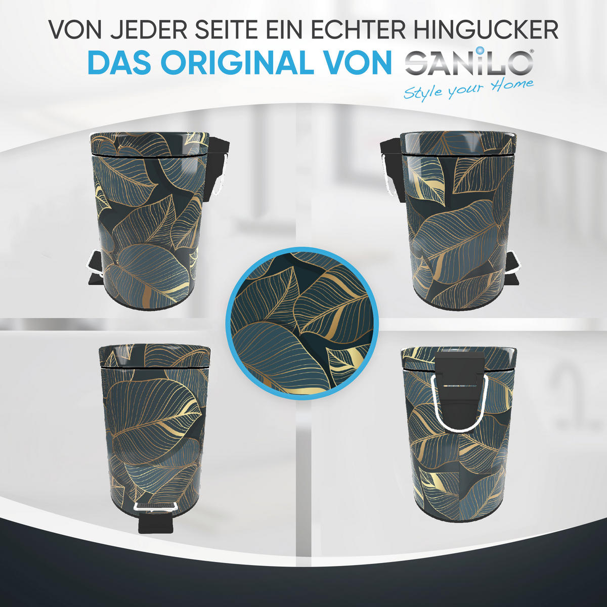 KOSMETIKEIMER Monstera - Dunkelgrün/Goldfarben, Kunststoff/Metall (17/25/25cm) - Sanilo