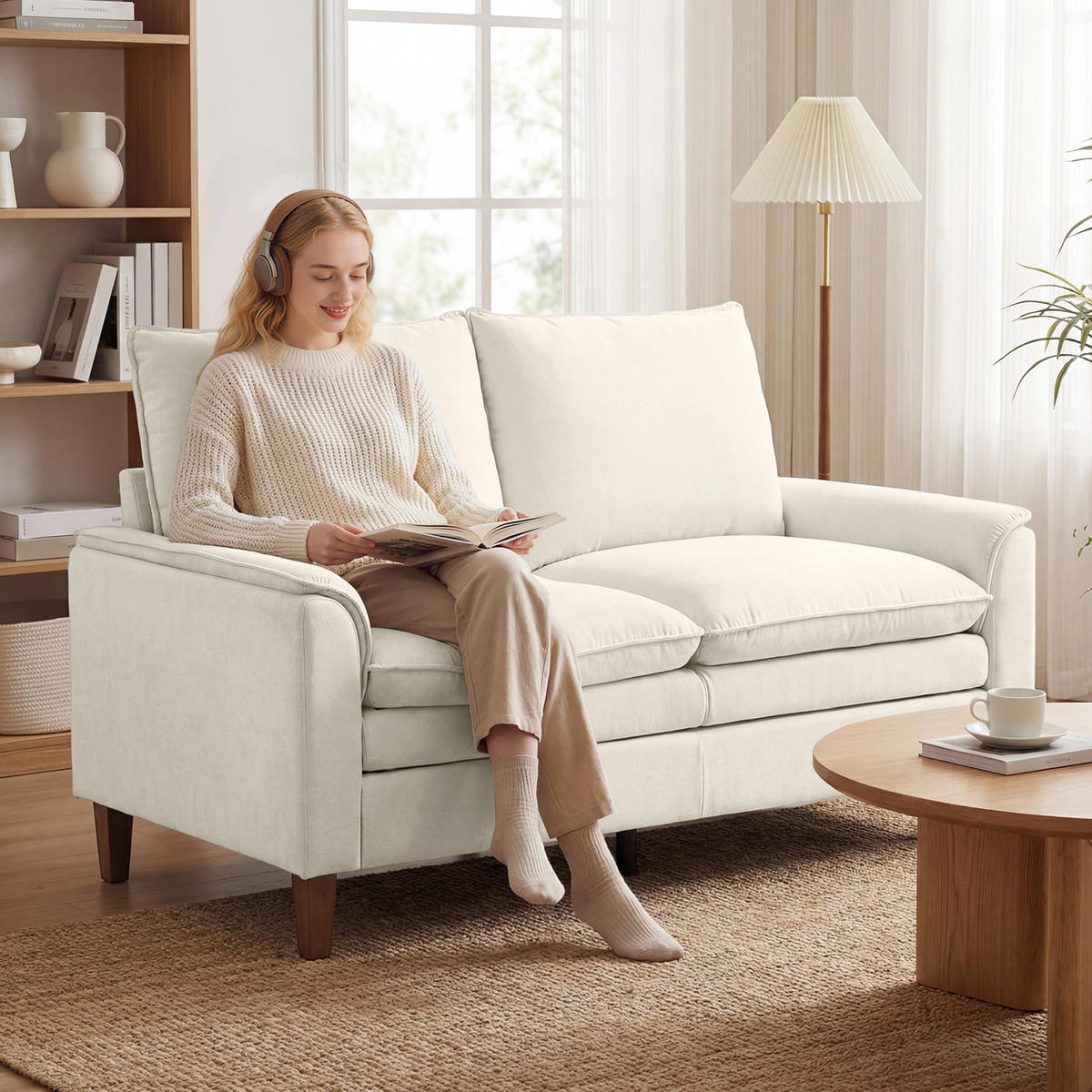 2-SITZER-SOFA DE-06580 mit doppellagiger Polsterung & Federkissen Creme - Creme, Textil/Metall (146/95/84cm) - ComfortXL