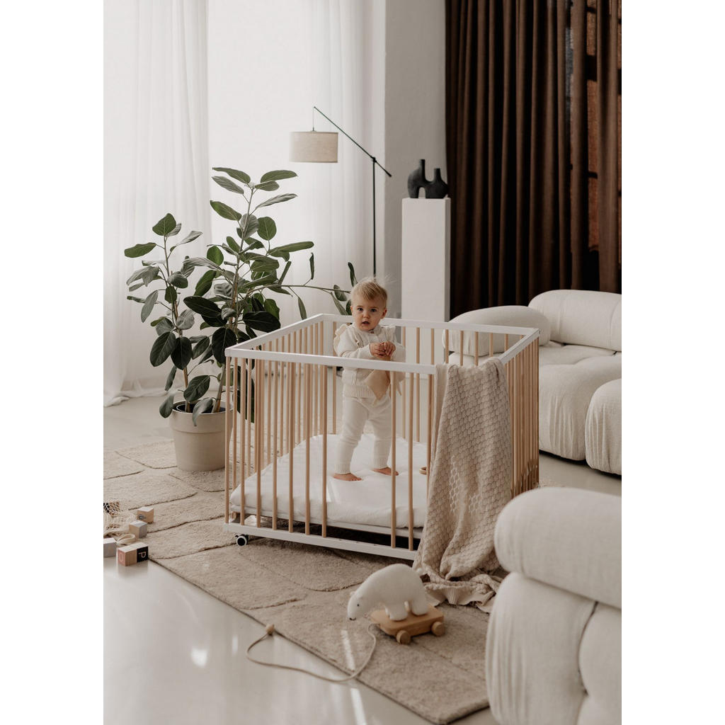 Thumbnail - Sämann – make a difference. Laufgitter, Weiß, Natur, Holz, Echtholz,Buche, 120x74x120 cm, Babymöbel, Laufstall Baby