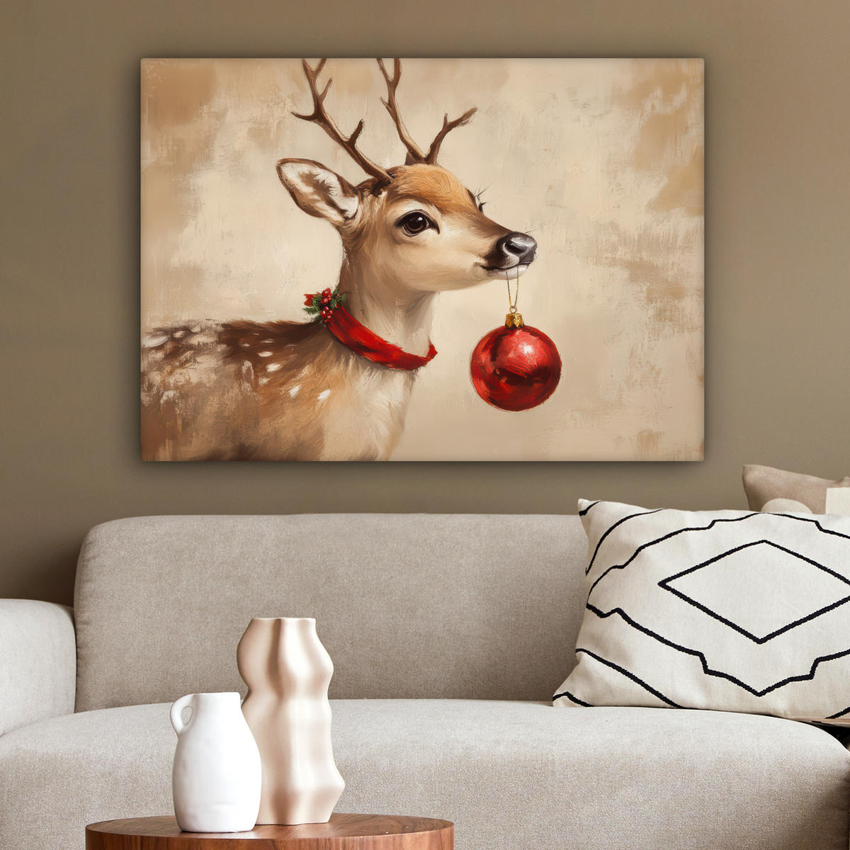 LEINWANDBILD Weihnachten - Hirsch - Geweih - Weihnachtskugel - Rentier Wandbilder 80x60 cm - Hellbraun, Textil (80/60cm) - MuchoWow