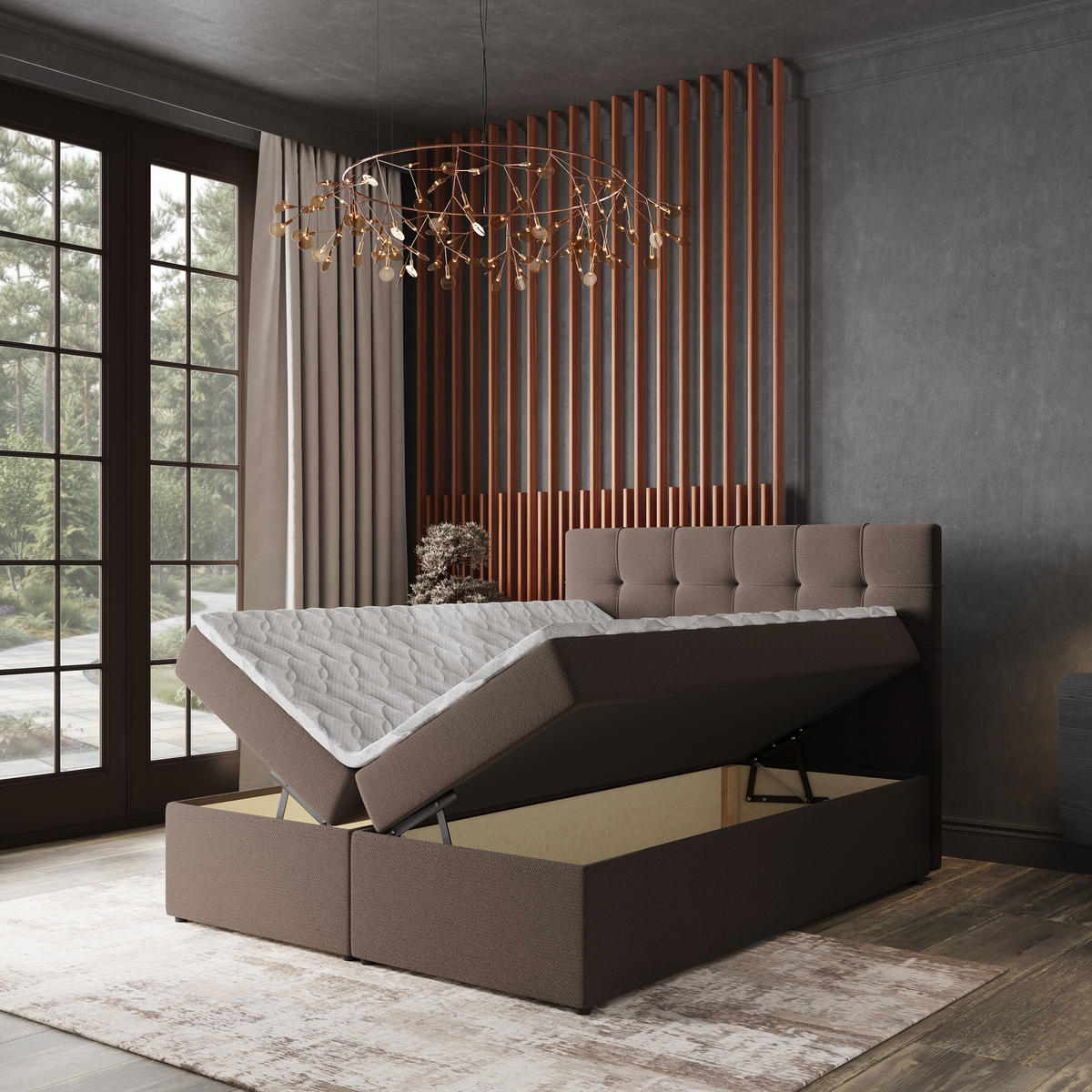 BOXBETT PALMA 140x200 cm mit Matratze und Topper, H2+H3 - Braun - Braun, Holz (140/200cm) - MASSENO