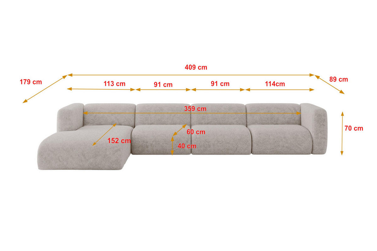 ECKSOFA Ottomane Links MIRA-L3 409x179x70 Hellgrau Velours - Hellgrau/Schwarz, Holzwerkstoff/Kunststoff (409/179cm) - ALTDECOR