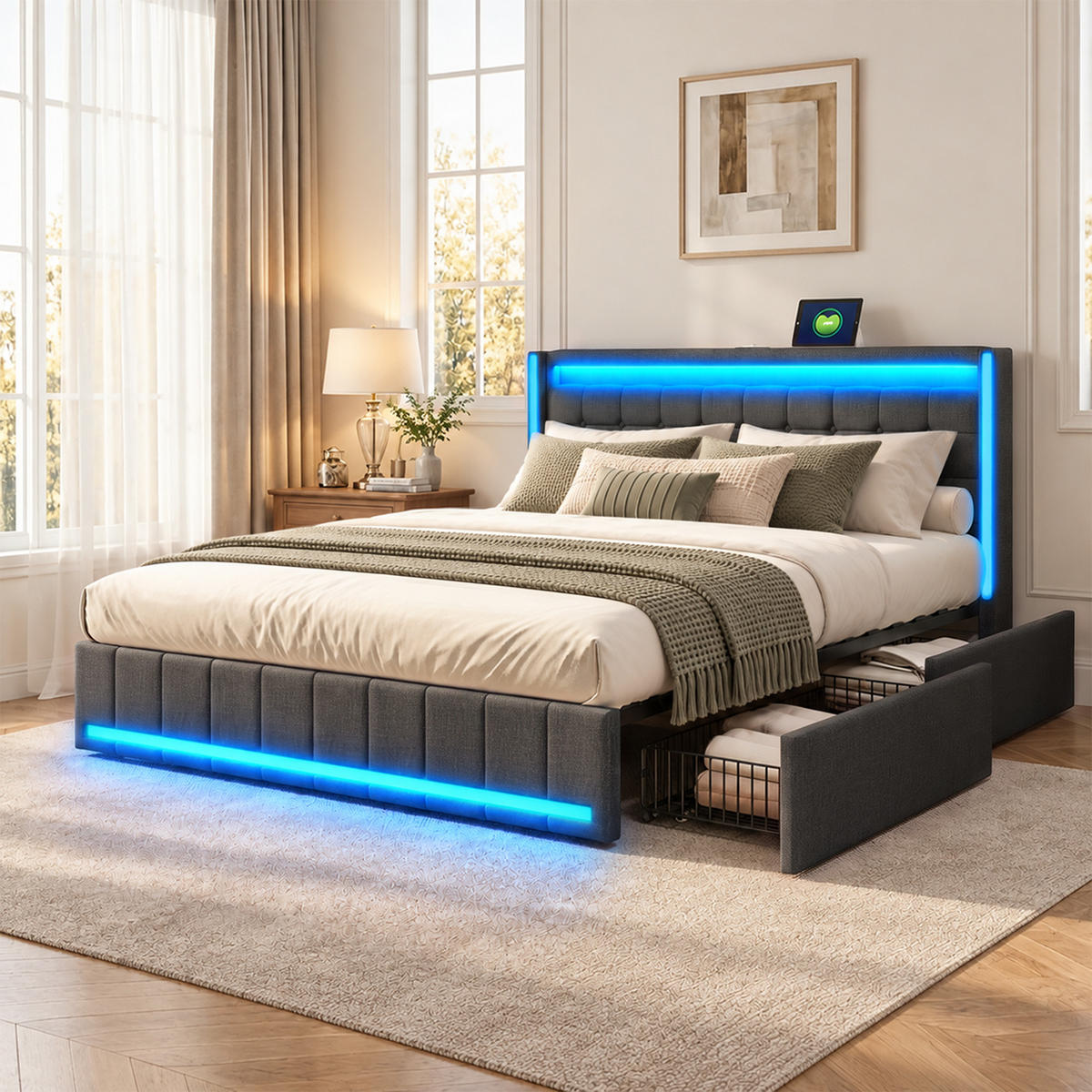 POLSTERBETT，BETT 160/200 cm Dunkelgrau,Mit 4 Schubladen, LED und Ladefunktion - Naturfarben/Grau, Holz/Textil (160/200cm) - FURNISHINGS HOME