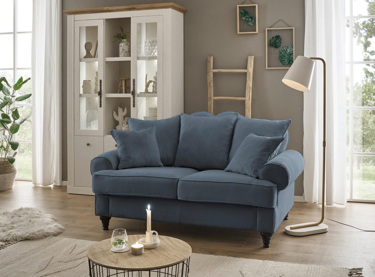 SOFA blau Landhaus, Couch 2-Sitzer 170 cm - Blau, Holz/Textil (170/95/100cm) - Furn.Design