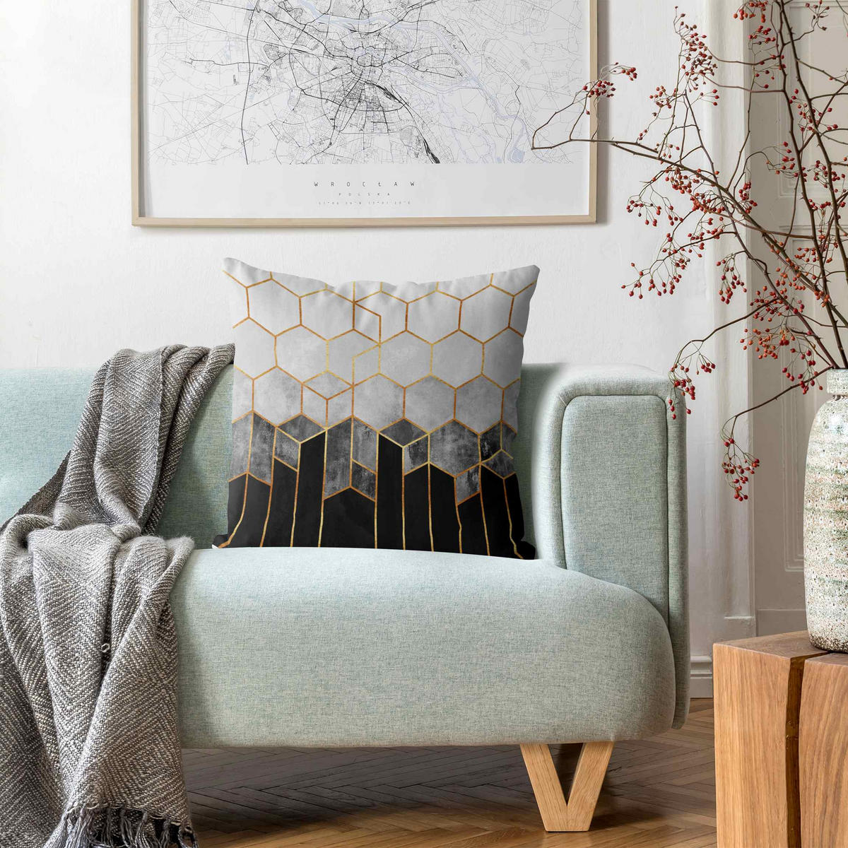 DEKOKISSEN Goldene Sechsecke Schwarz Weiß 50/50 cm - Schwarz, Textil (50/50/10cm) - Bilderwelten