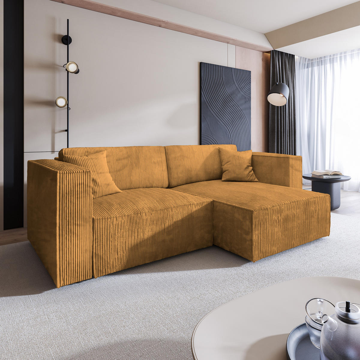 ECKSOFA NERIO P Gelb Kordstoff mit Schlaffunktion - Gelb, Holz (245/148cm) - MASSENO