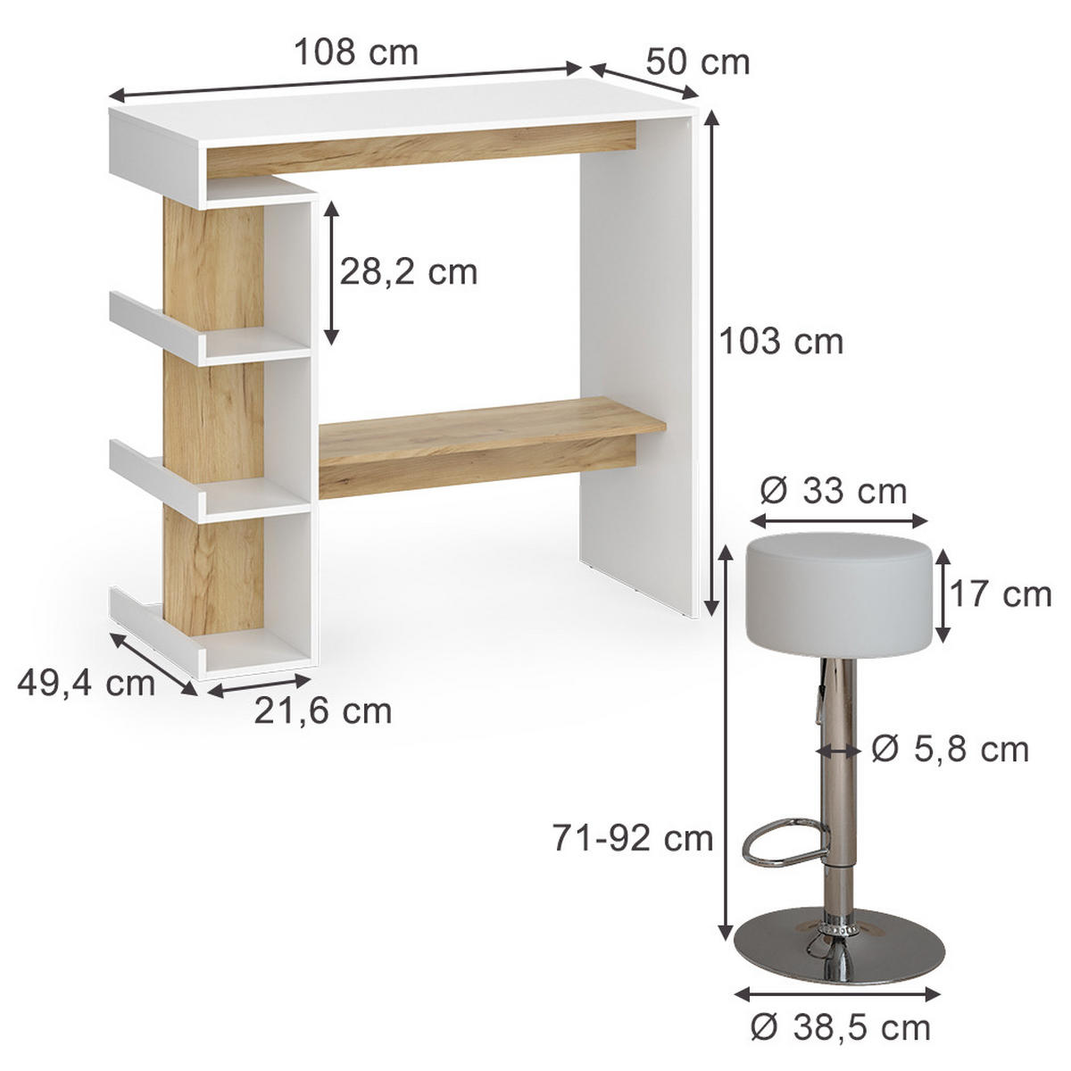 BARTISCH-SET Dana Weiß/Goldkraft Eiche 108 x 50 cm mit 2 Barhockern - Weiß, Holzwerkstoff (50/108/103cm) - Vicco