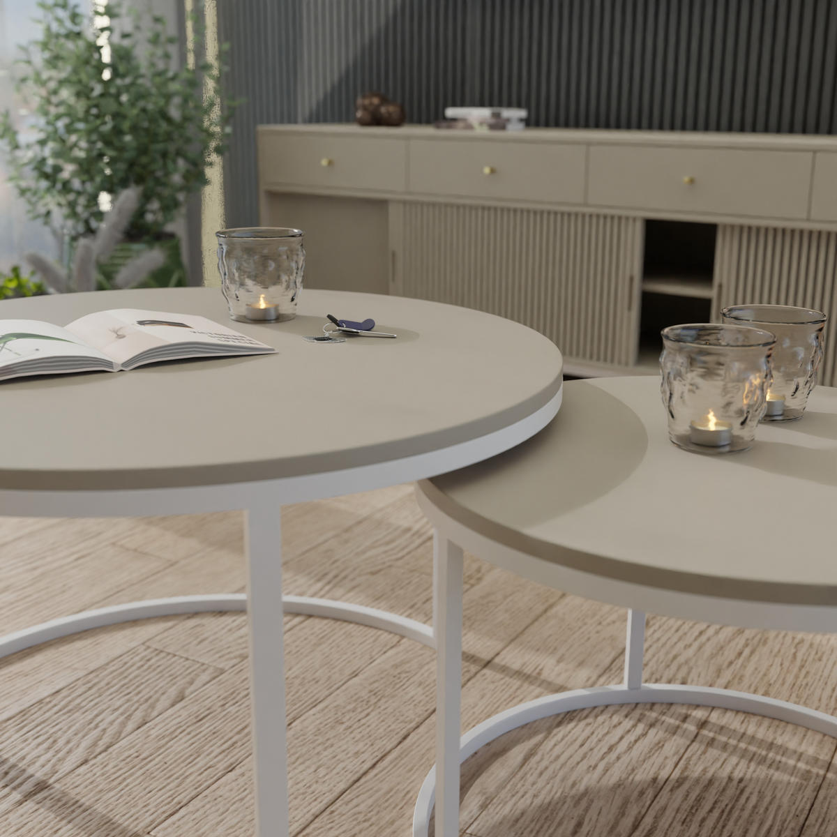 COUCHTISCH rund Klein, Kaschmir, Rahmen Weiß - Beige, Holzwerkstoff (70/70/48cm) - Idohome