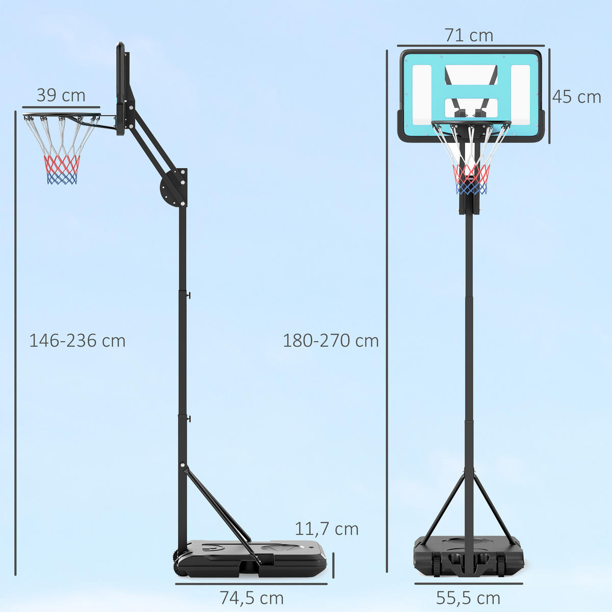 BASKETBALLKORB DE-18524 höhenverstellbar 146-236 cm Schwarz - Schwarz, Metall (55.5/74.5cm) - ComfortXL