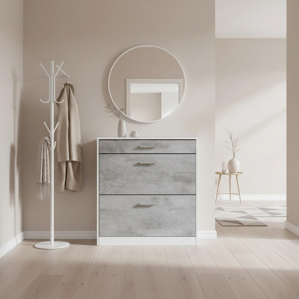 SCHUHSCHRANK Roma Schmal mit 2 Klappen und 1 Schublade, Platzsparender Schuhkipper, Weiß matt/Beton Oxid Optik (89 x 95,5 x 23 cm) - Graphitfarben, Holzwerkstoff (89/95.5/23cm) - InnoFurn