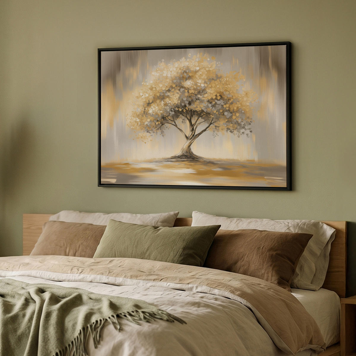 LEINWAND Bilder mit Rahmen - Gemälde - Baum - Abstrakt - Blätter - 100x70 - Beige, Textil (100/70cm) - MuchoWow