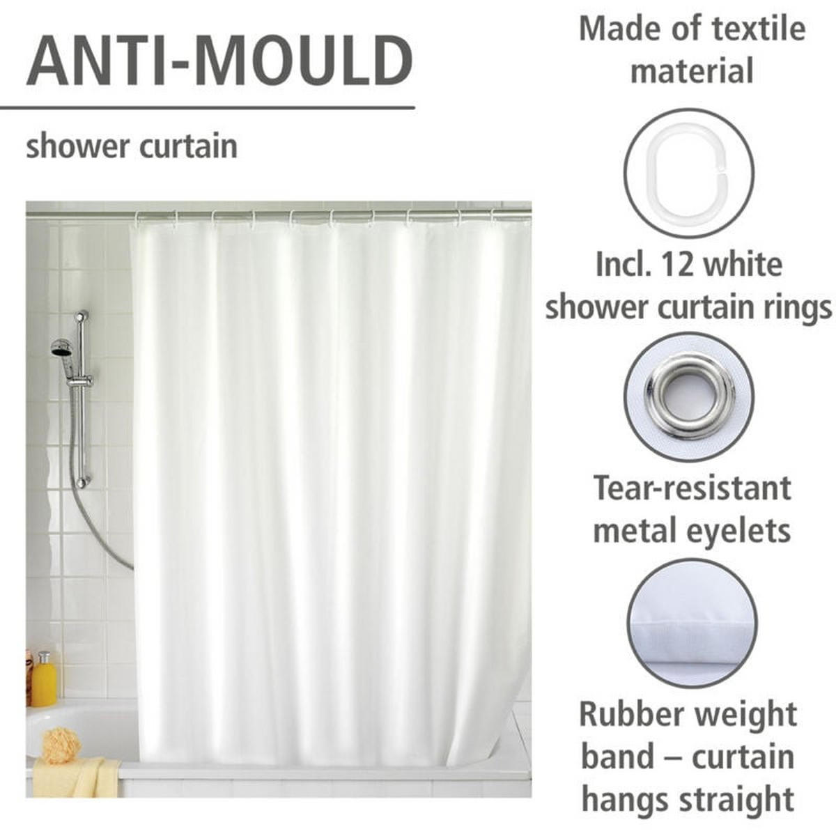 DUSCHVORHANG Weiß Polyester schimmelresistent antibakteriell beschwerte Basis maschinenwaschbar mit Schlaufen - Weiß, Textil (180/180cm) - MCBOSON