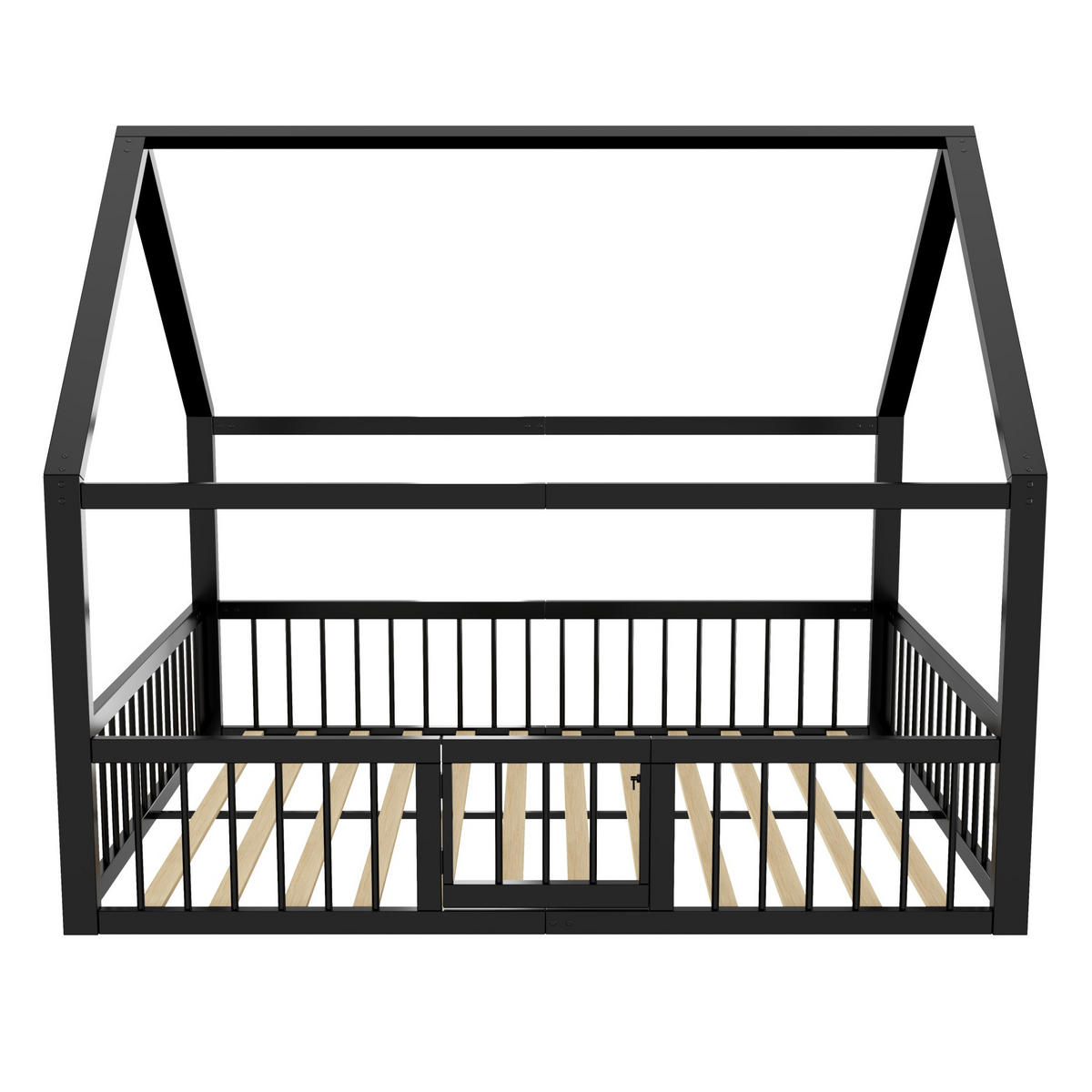 KINDERBETT 140/200 cm in Hausform aus Metall mit Sicherheitsgeländer Schwarz - Schwarz, Metall (140/200cm) - BEAOK