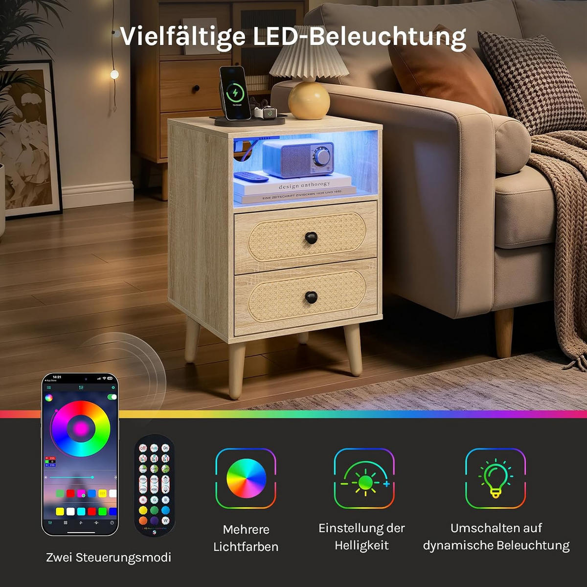 NACHTSCHRANK 35/40/60 cm, Ladefunktion & LED, Eiche - Eichefarben, Holzwerkstoff (45/60/35cm) - Woltu