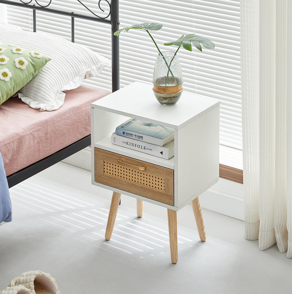 NACHTTISCH 40/55/30 cm Weiß/Natur aus MDF mit Schublade - Hellbraun, Holzwerkstoff (40/55/30cm) - OKMYHOME
