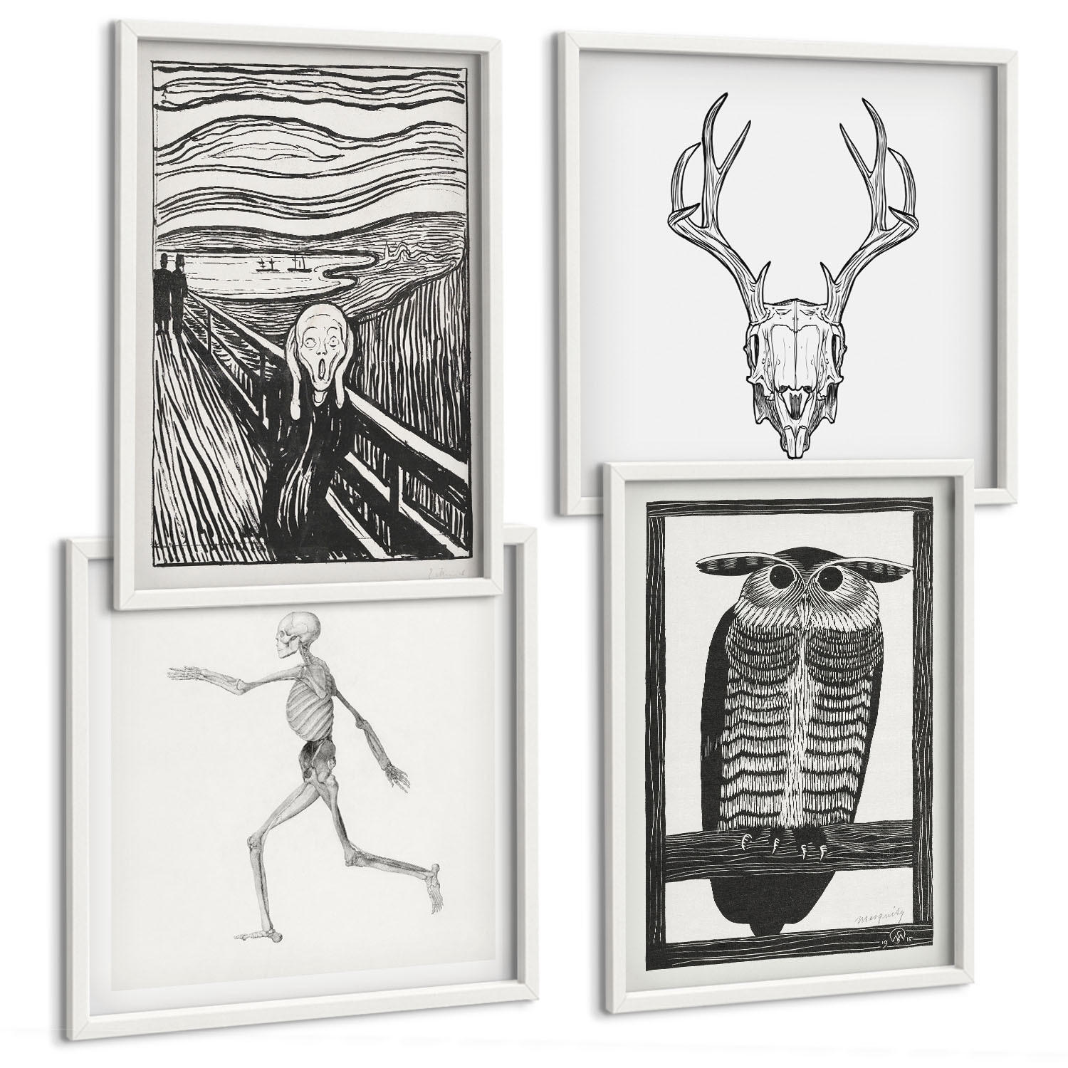 BILDER SET 4er Set - 50x50 cm & 40x60 cm Weißer Rahmen - Inspiration Schrei Schädel Eule - Weiß, Kunststoff (50/50cm) - TULUP