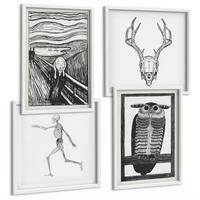 BILDER SET 4er Set - 50x50 cm & 40x60 cm Weißer Rahmen - Inspiration Schrei Schädel Eule - Weiß, Kunststoff (50/50cm) - TULUP