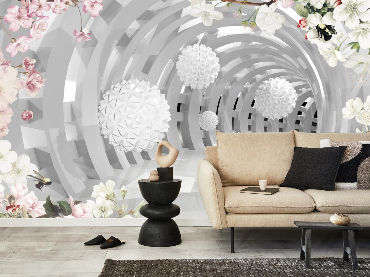 FOTOTAPETE für Wohnzimmer Tunnel mit BLUMEN KUGELN Floral Perspektive 500x350 - Rosa/Weiß, Papier (500/350cm) - Muralo