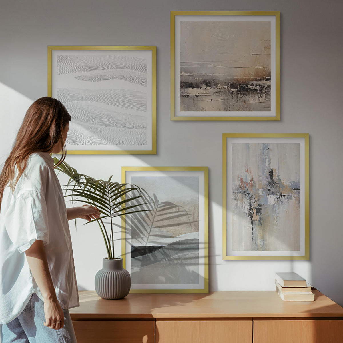 WANDBILDER 4er Set - 50x50 cm & 40x60 cm Goldrahmen - Abstrakte Erdmuster - Goldfarben, Kunststoff (50/50cm) - ArtPrintCave
