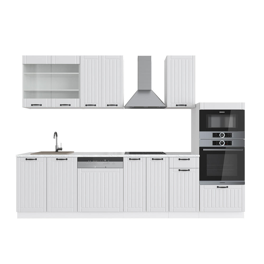 KÜCHENZEILE Fame-Line Weiß Landhaus/Weiß 300 cm mit Hochschrank AP Marmor - Creme/Weiß, Holzwerkstoff (300/81.6/60cm) - Vicco