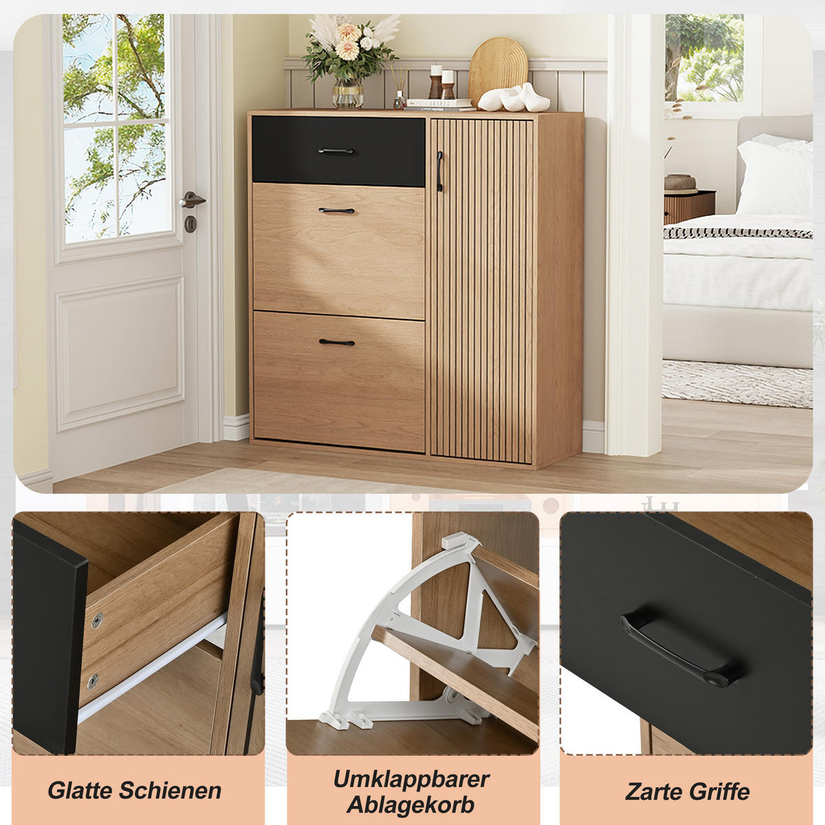 SCHUHSCHRANK 100×35×106cm Naturholz Schwarz mit 2 Klappen - Schwarz/Naturfarben, Holzwerkstoff (100/106/35cm) - FLIEKS