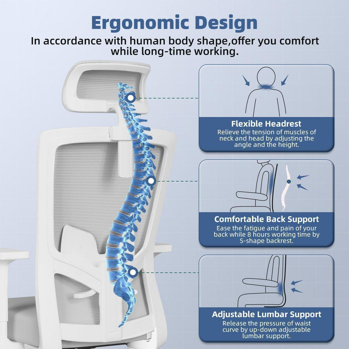 BÜROSTUHL Ergonomisch Grau mit Lendenwirbelstütze und Kopfstütze - Grau, Textil (70/128/70cm)