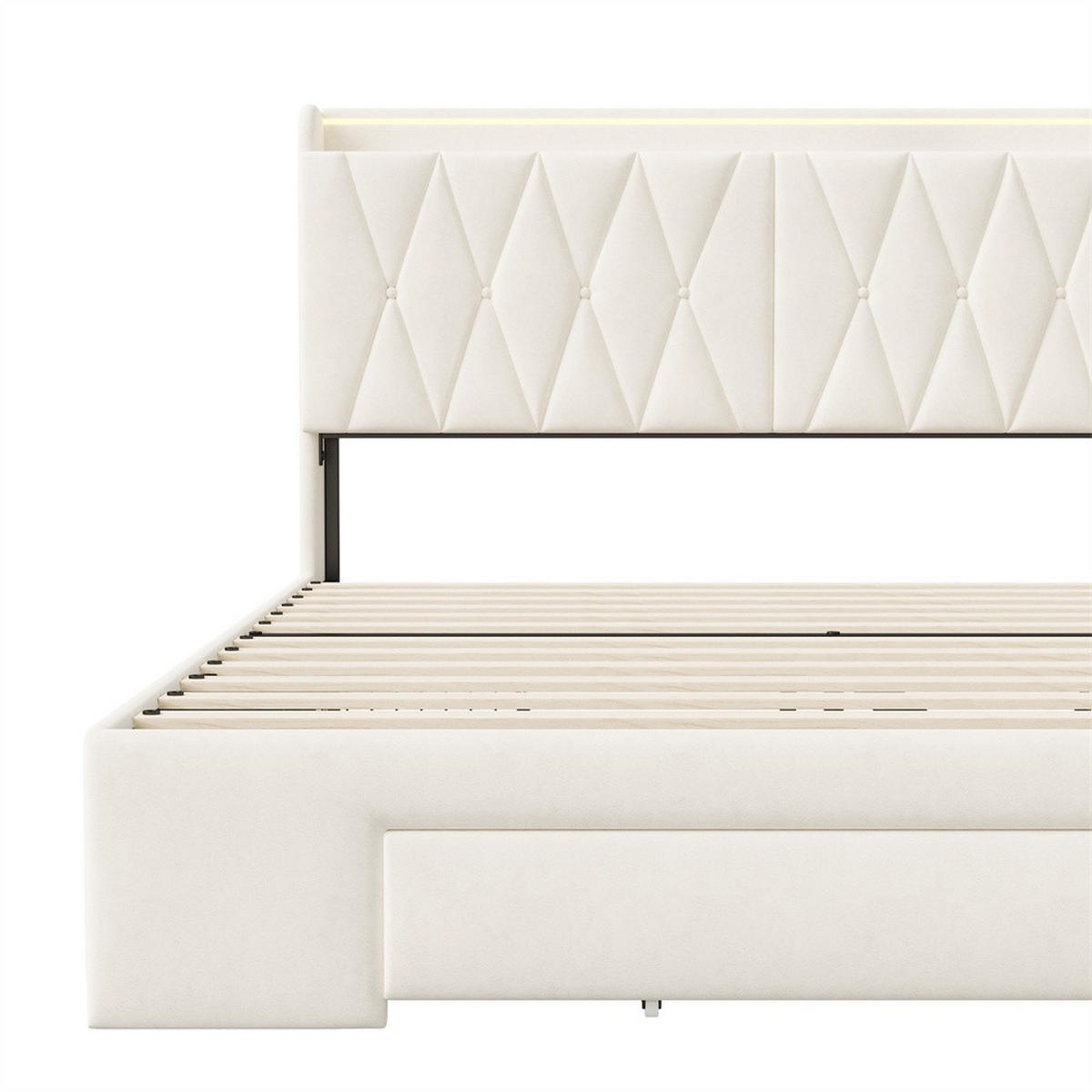 POLSTERBETT 140x200 cm mit aufklappbarem Stauraumkopfteil - 3 Schubladen und LED-Beleuchtung - ohne Matratze - Beige - Beige, Textil (140/200cm) - DELFA