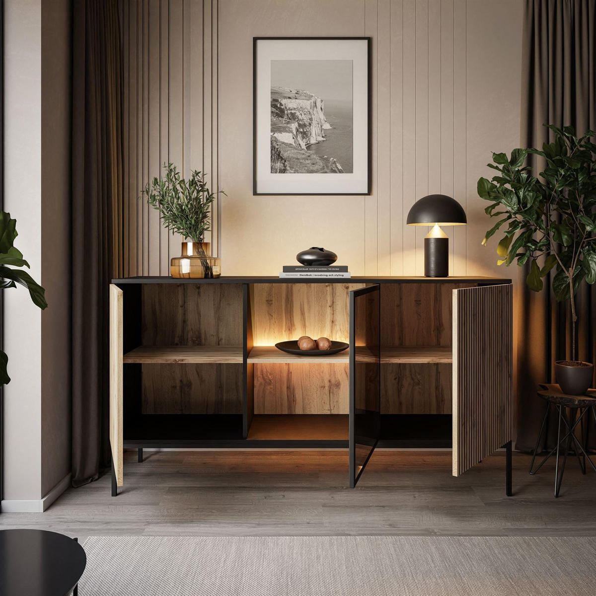 SIDEBOARDS ECLIPSE K154 mit Beleuchtung,Schwarz Eiche Wotan - Eiche Wotan, Holzwerkstoff (154/83/39cm) - Lookway