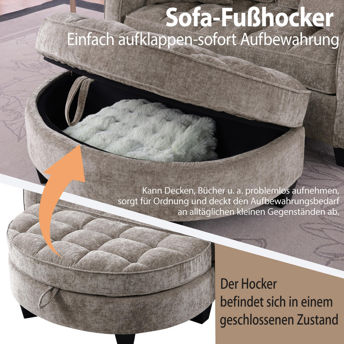 SCHLAFSOFA 2-in-1 mit Hocker und Stauraum, Braun - Braun, Holz (132/93/129cm)