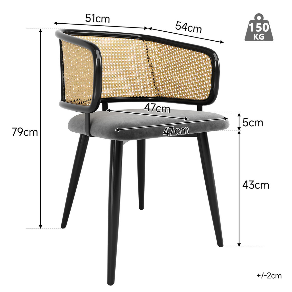 ESSZIMMERSTÜHLE 2er Set Rattan Rückenlehne & Samtsitz - Grau, Leder/Textil (47/79/47cm) - Urban Meuble