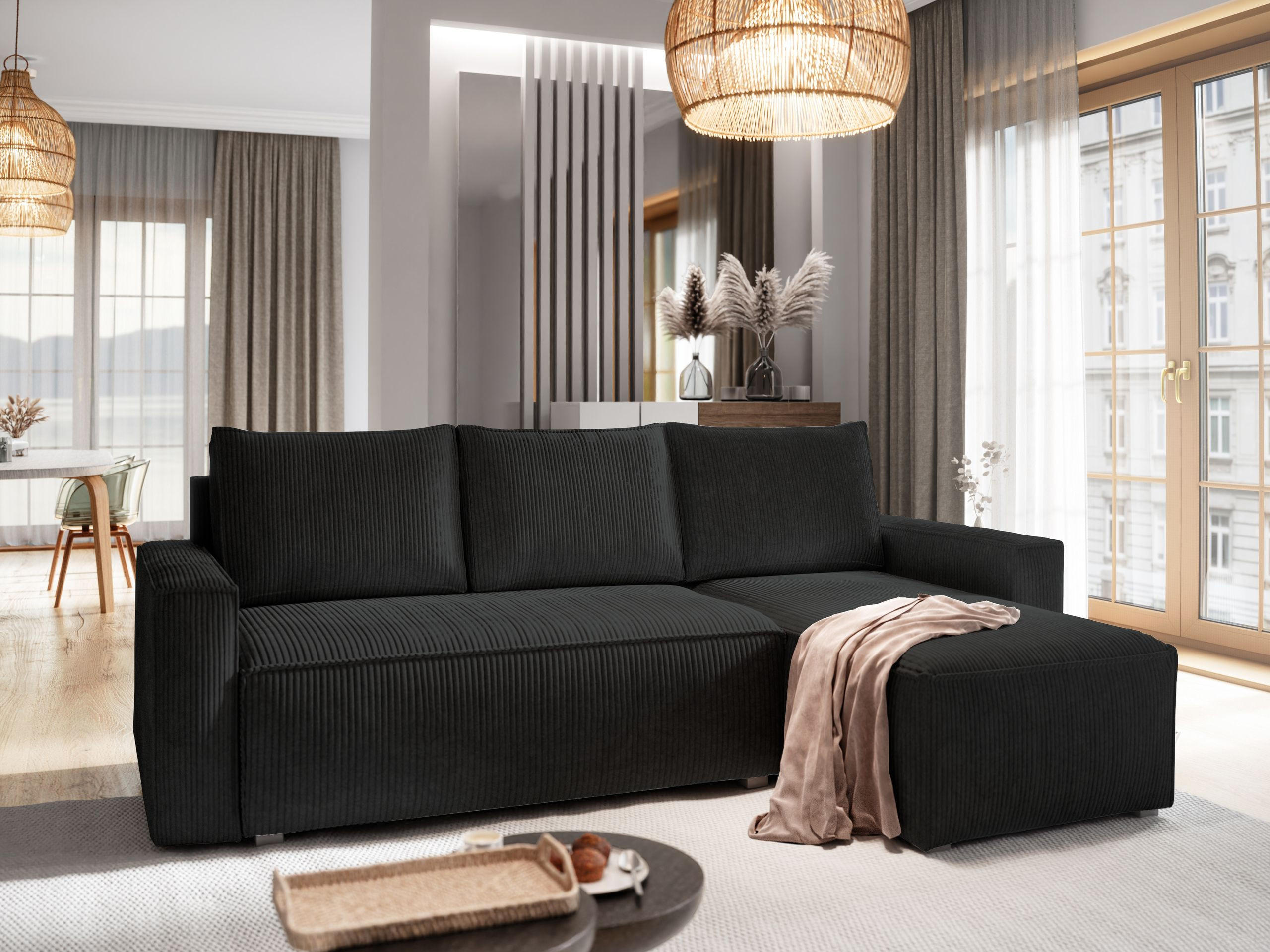 ECKSOFA POTARO Schwarz Kordstoff mit Schlaffunktion - Schwarz, Holz (232/140cm) - MASSENO