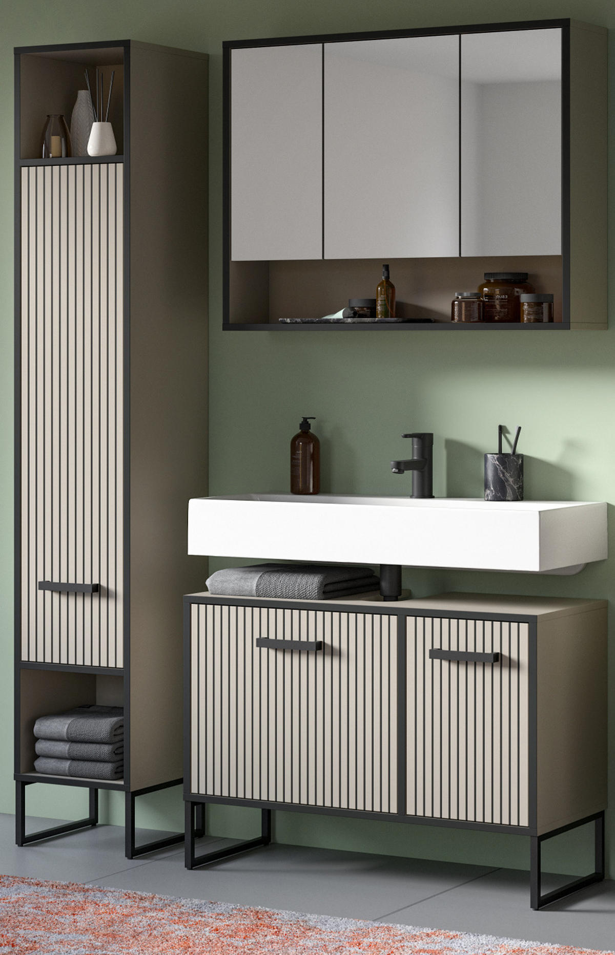 BADMÖBEL-SET 3-teilig Scana in schwarz, sand 125 cm, Kombination mit Soft-Close - Sandfarben/Schwarz, Glas/Holzwerkstoff (125/192/36cm) - Inn.Furn