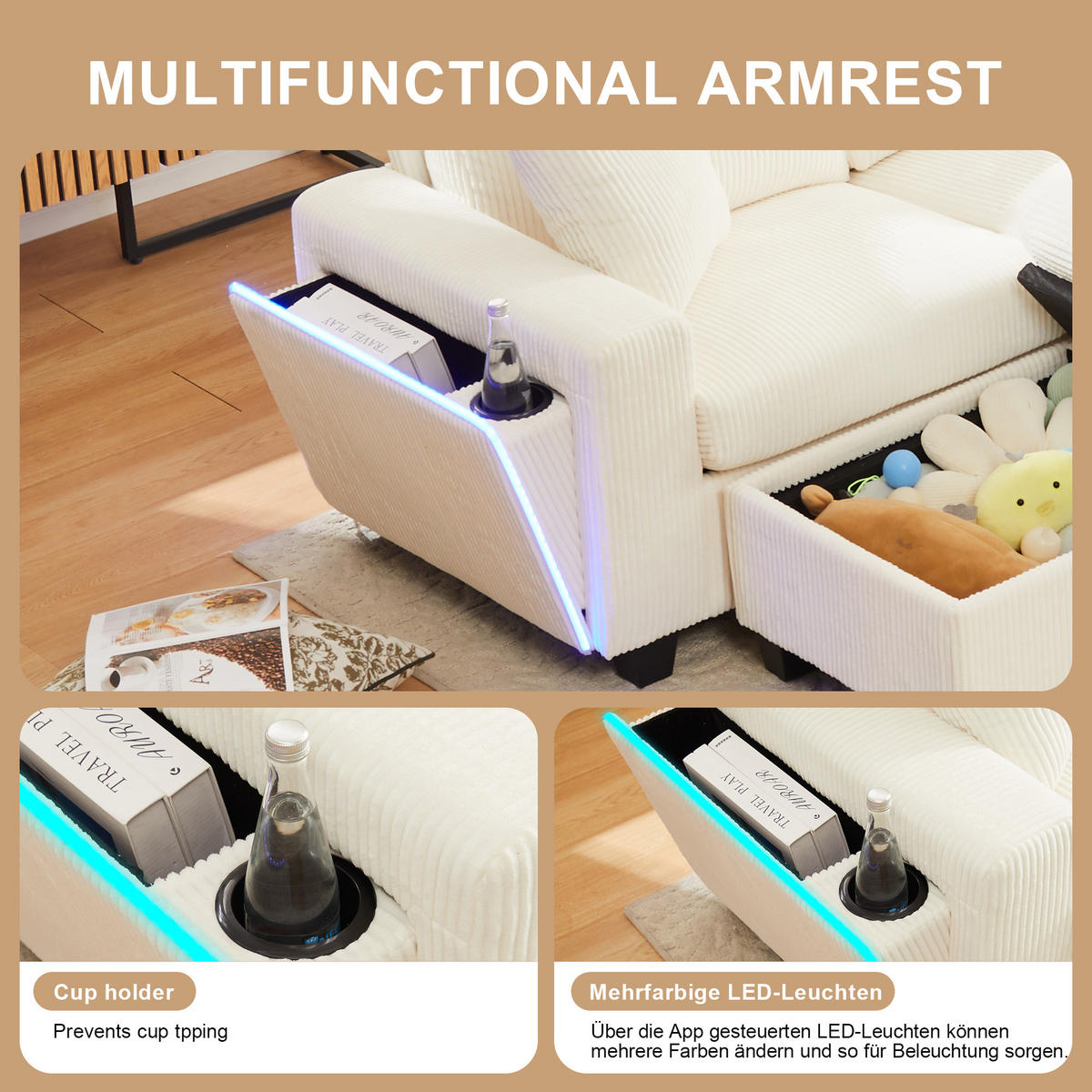 SOFA, U-Form, 2 Hocker, LED-Beleuchtung, Beige, 334x128.5x81cm - Beige, Textil (128.5/81/334cm) - FLIEKS