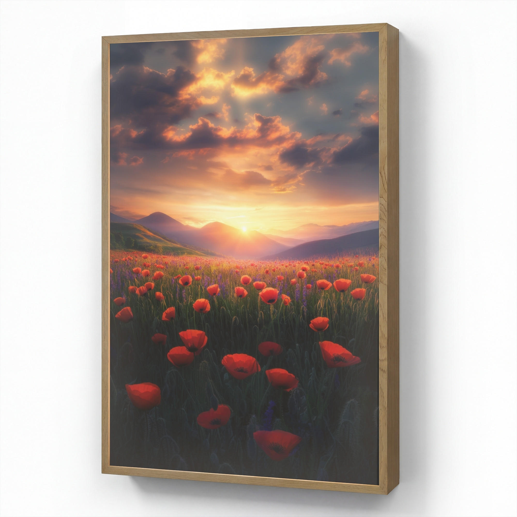WANDLEUCHTE MIT AKKU Landschaft - Sonnenuntergang - Blumenfeld 60x90 cm - Rot, Holzwerkstoff (60/90/8cm) - OnlyWow