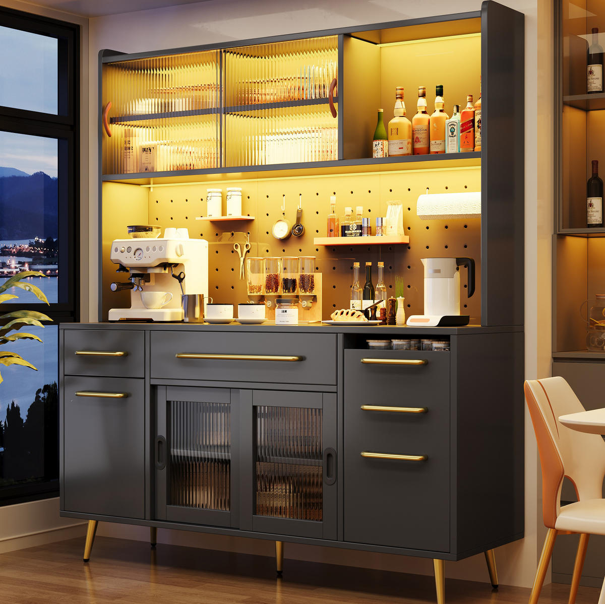 SIDEBOARD 145/39/171 cm schwarz aus MDF mit LED-Beleuchtung - Schwarz, Holzwerkstoff (145/171/39cm) - OKWISH