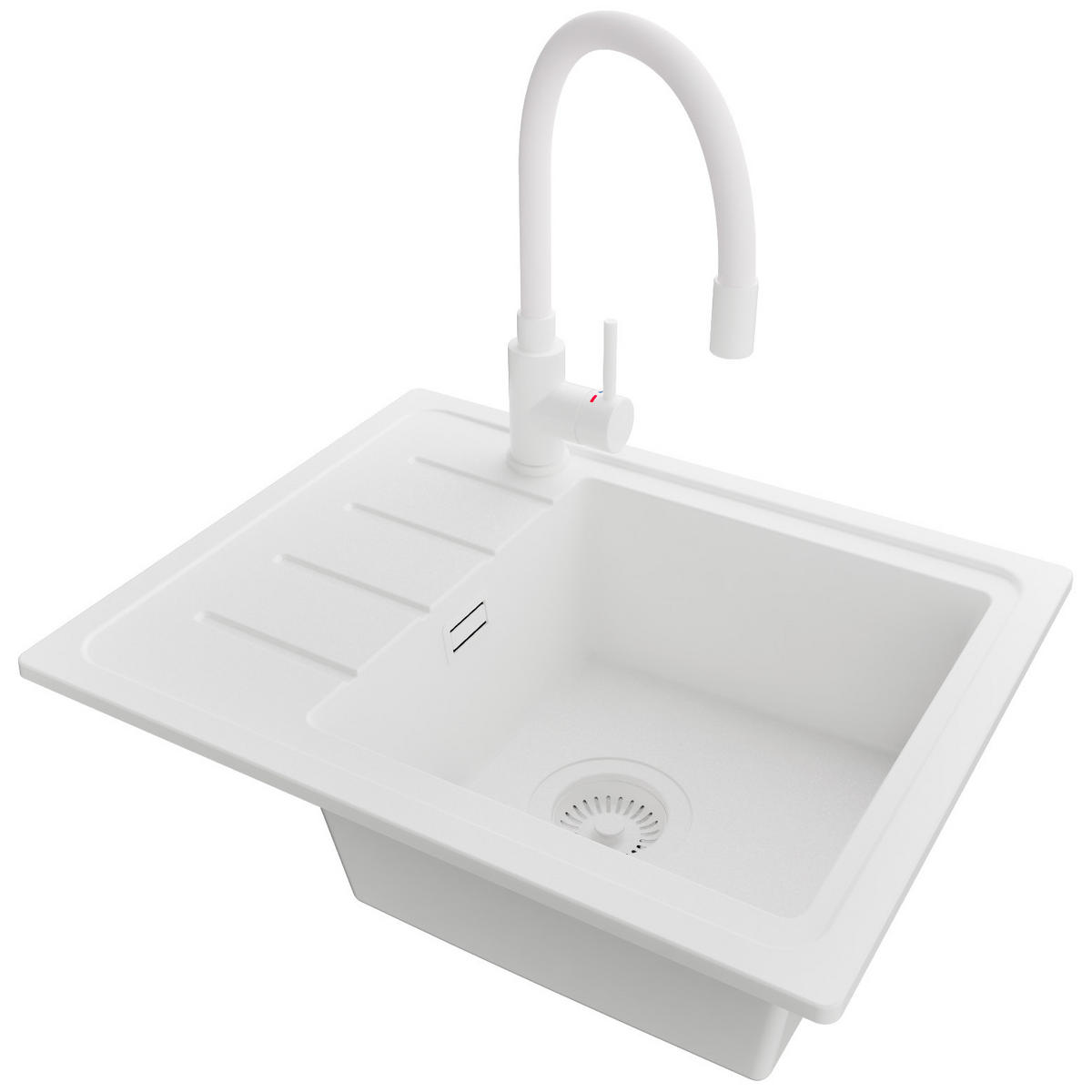 GRANITSPÜLE Kopenhagen Easy, 2-er set Alles Weiß 55/44 cm 1 Becken + Küchenarmatur 38/14 cm + Ablauf-Set ab 45er Unterschrank - Weiß, Kunststoff (55/17/44cm) - Primagran